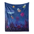 thumbnail image 1 of Cartoon Soft Flannel Fleece Blanket, Underwater World Fish in Aquarium and Whale Crabs Jellyfish Bubbles Coral, Cozy Plush for Indoor and Outdoor Use, 50" x 70", Multicolor and Blue, by Ambesonne, 1 of 5