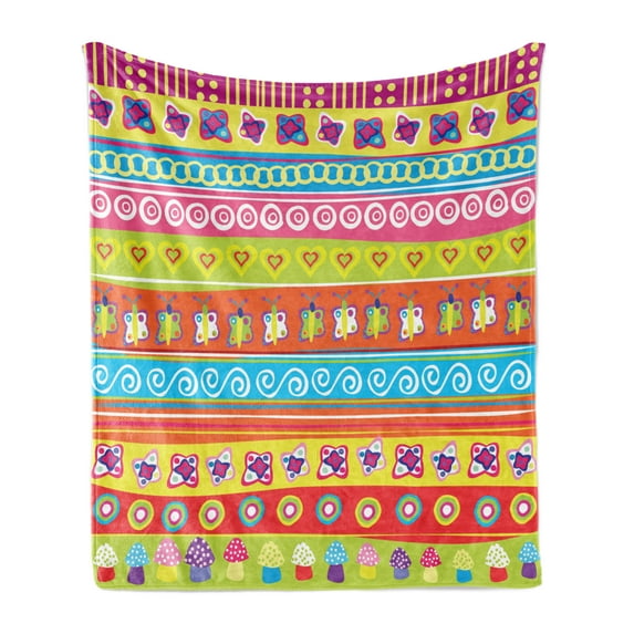 Cartoon Soft Flannel Fleece Blanket, Various Doodles with Lines Separating Them Mushrooms Butterflies Retro Inspired Art, Cozy Plush for Indoor and Outdoor Use, 70" x 90", Multicolor, by Ambesonne