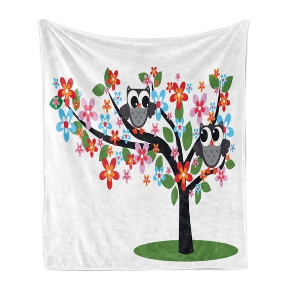 Cartoon Soft Flannel Fleece Throw Blanket, 2 Flirty Owls on a Tree with Colorful Flowers Birdies Summer Nature, Cozy Plush for Indoor and Outdoor Use, 60" x 80", Multicolor, by Ambesonne
