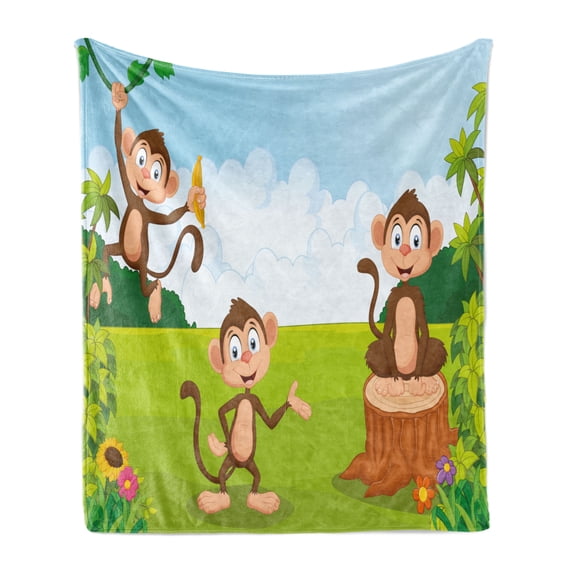 Cartoon Soft Flannel Fleece Throw Blanket, 3 Monkeys Playing in a Tropical Forest Banana Africa Safari Nature, Cozy Plush for Indoor and Outdoor Use, 50" x 60", Pale Blue Brown Green, by Ambesonne
