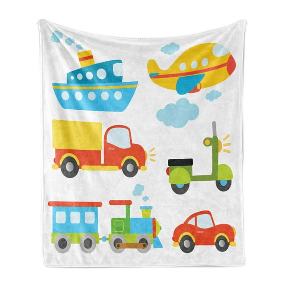 Cartoon Soft Flannel Fleece Throw Blanket, Abstract Transportation Types Car Ship Truck Scooter Train and Aeroplanes, Cozy Plush for Indoor and Outdoor Use, 50" x 70", Multicolor, by Ambesonne