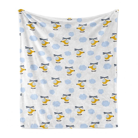 Cartoon Soft Flannel Fleece Throw Blanket, Aircraft in Clouds Children Boys Girls Babyshower Playroom Design, Cozy Plush for Indoor and Outdoor Use, 50" x 70", Yellow and Blue, by Ambesonne