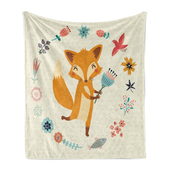 Cartoon Soft Flannel Fleece Throw Blanket, Animal with Floral Flowers Leaves Fish Detailed Frame, Cozy Plush for Indoor and Outdoor Use, 50" x 60", Almond Green Eggshell, by Ambesonne