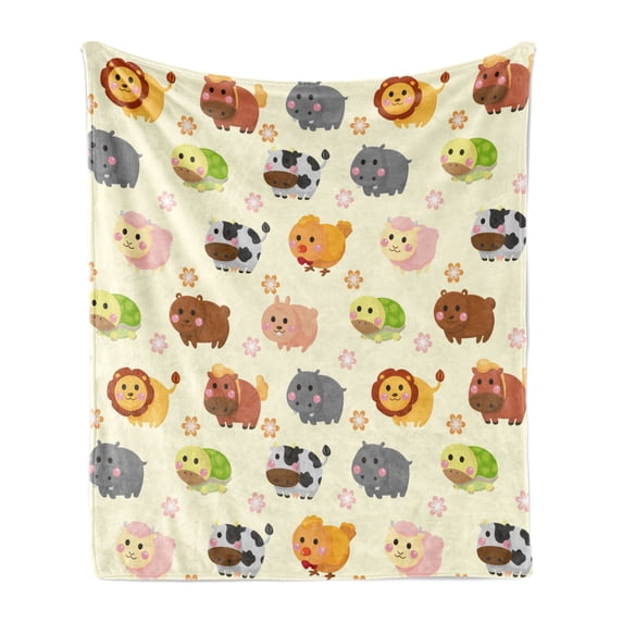 Cartoon Soft Flannel Fleece Throw Blanket, Animals with Simplistic Art Design Lion Bear Bunny Cow with Flowers, Cozy Plush for Indoor and Outdoor Use, 70" x 90", Multicolor, by Ambesonne