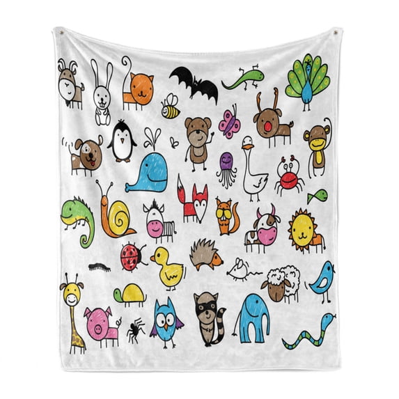 Cartoon Soft Flannel Fleece Throw Blanket, Arrangement Style Animals Drawn in Child Friendly Manner Fun, Cozy Plush for Indoor and Outdoor Use, 50" x 70", Multicolor, by Ambesonne