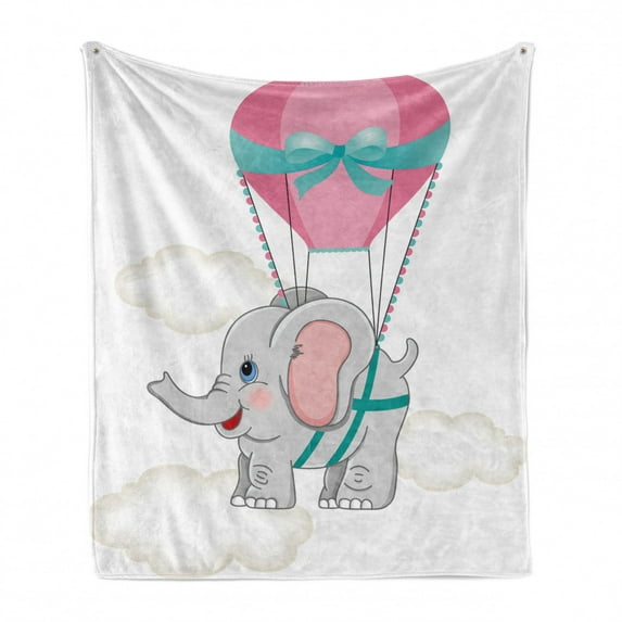 Cartoon Soft Flannel Fleece Throw Blanket, Baby Hot Air Balloon Fly Animal Funny Image Design, Cozy Plush for Indoor and Outdoor Use, 50" x 60", Pink Pale Grey Teal, by Ambesonne