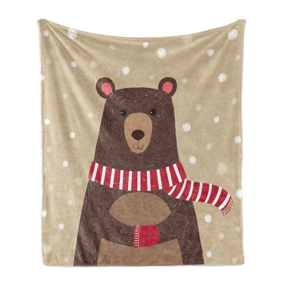Cartoon Soft Flannel Fleece Throw Blanket, Bear Wearing Red Scarf Under Snow Winter Cold Weather Kids Playroom Print, Cozy Plush for Indoor and Outdoor Use, 50" x 70", Brown Sand Brown, by Ambesonne