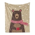 thumbnail image 1 of Cartoon Soft Flannel Fleece Throw Blanket, Bear Wearing Red Scarf Under Snow Winter Cold Weather Kids Playroom Print, Cozy Plush for Indoor and Outdoor Use, 70" x 90", Brown Sand Brown, by Ambesonne, 1 of 5