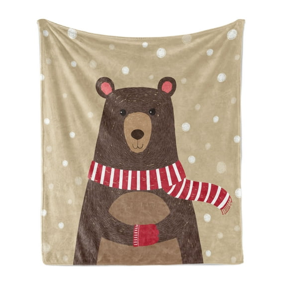 Cartoon Soft Flannel Fleece Throw Blanket, Bear Wearing Red Scarf Under Snow Winter Cold Weather Kids Playroom Print, Cozy Plush for Indoor and Outdoor Use, 70" x 90", Brown Sand Brown, by Ambesonne