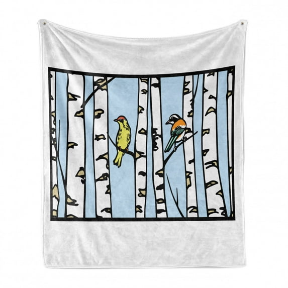 Cartoon Soft Flannel Fleece Throw Blanket, Birds Sitting on a Birch Trees Winter Forest Rectangle Frame, Cozy Plush for Indoor and Outdoor Use, 50" x 60", Baby Blue White, by Ambesonne
