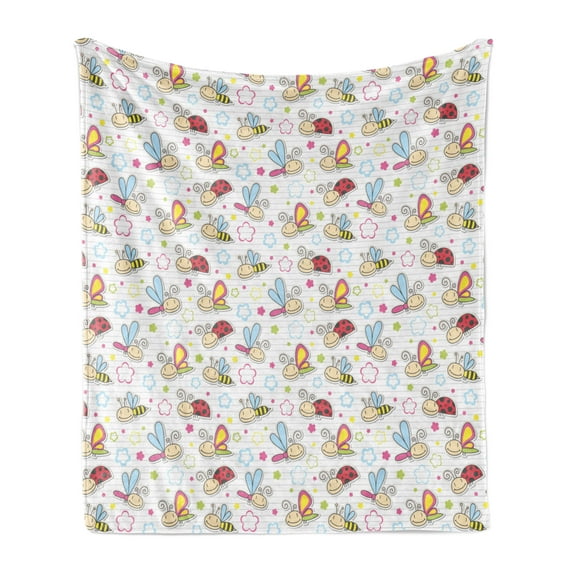 Cartoon Soft Flannel Fleece Throw Blanket, Bugs with Colorful Flowers Ladybugs Dragonflies Bees Animal Fun, Cozy Plush for Indoor and Outdoor Use, 60" x 80", Pale Blue Pink Red, by Ambesonne