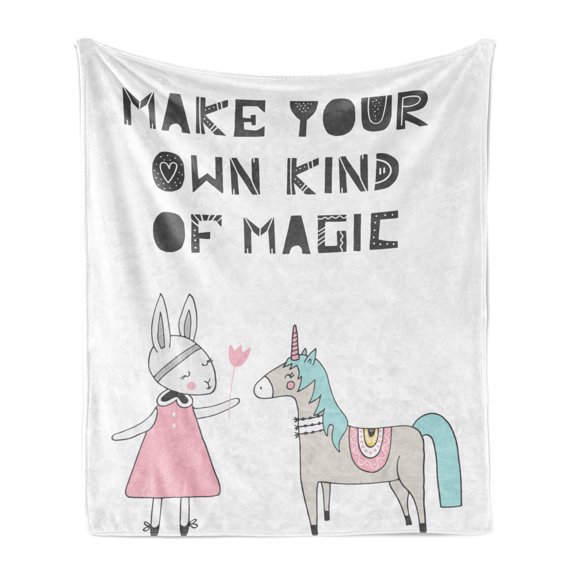 Cartoon Soft Flannel Fleece Throw Blanket, Bunny in a Dress Unicorn Scandinavian Style and Magic Words, Cozy Plush for Indoor and Outdoor Use, 50" x 60", Multicolor, by Ambesonne