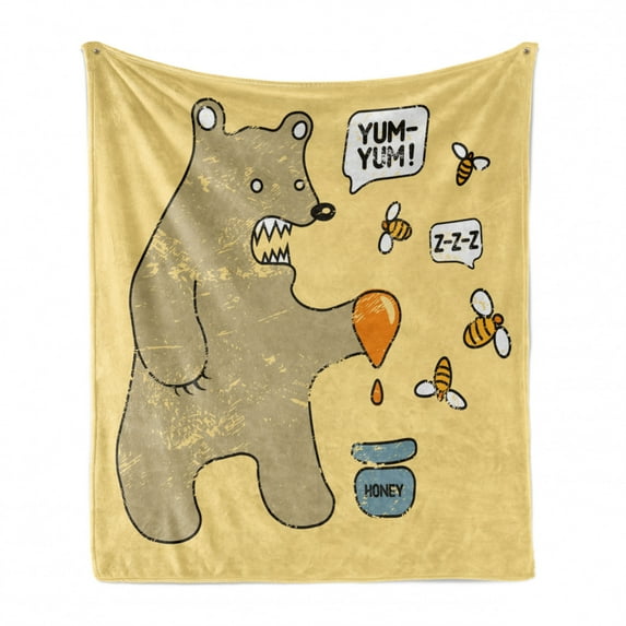 Cartoon Soft Flannel Fleece Throw Blanket, Caricature Style Bear Bees and Honey Saying Yum Kids Comic Graphic Print, Cozy Plush for Indoor and Outdoor Use, 70" x 90", Taupe Yellow, by Ambesonne