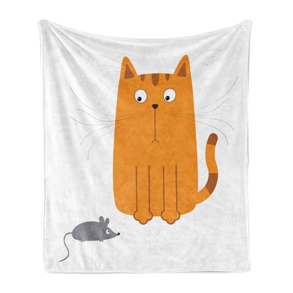 Cartoon Soft Flannel Fleece Throw Blanket, Cat Looking at Mouse Hunter Kitty Fun Humor Kids Animal Graphic Art Print, Cozy Plush for Indoor and Outdoor Use, 70" x 90", Marigold Grey, by Ambesonne