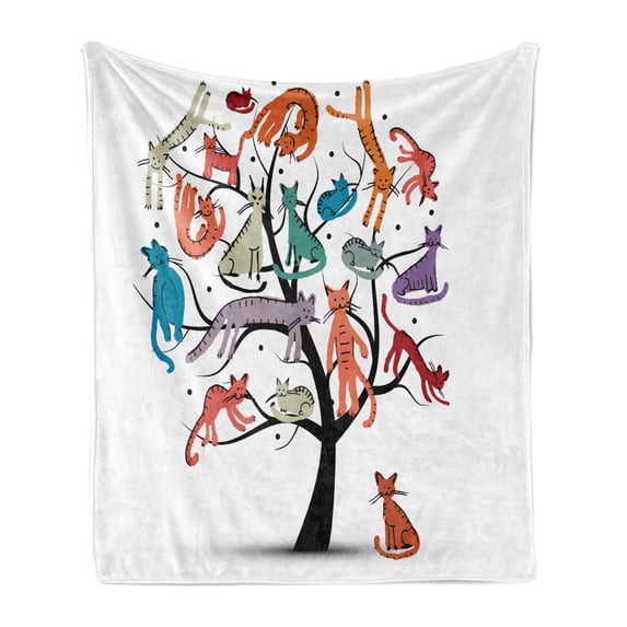 Cartoon Soft Flannel Fleece Throw Blanket, Cat Tree Various Kitties on the Branches Little Paws Childish Cheerful Art Work, Cozy Plush for Indoor and Outdoor Use, 50" x 70", Multicolor, by Ambesonne
