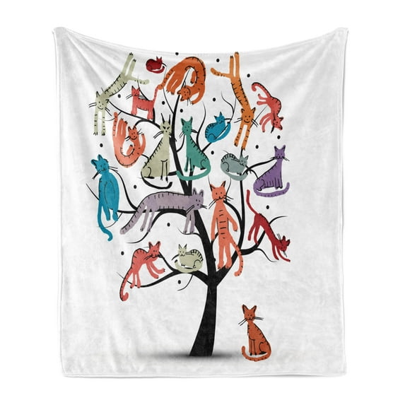 Cartoon Soft Flannel Fleece Throw Blanket, Cat Tree Various Kitties on the Branches Little Paws Childish Cheerful Art Work, Cozy Plush for Indoor and Outdoor Use, 60" x 80", Multicolor, by Ambesonne