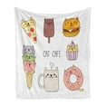 thumbnail image 1 of Cartoon Soft Flannel Fleece Throw Blanket, Cats Cafe Hand Drawn in Food Illustration Pizza Ice Cream Cupcakeness Theme, Cozy Plush for Indoor and Outdoor Use, 60" x 80", Multicolor, by Ambesonne, 1 of 5
