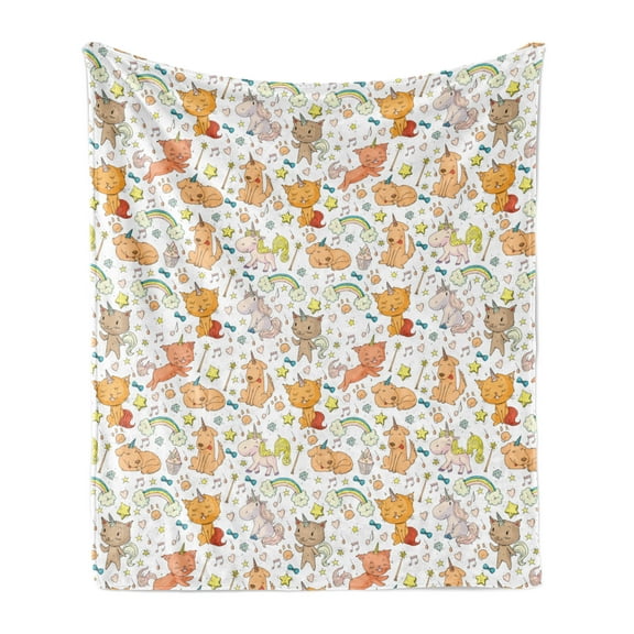 Cartoon Soft Flannel Fleece Throw Blanket, Childish Caticorn Cat Dog Pony Cupcakes Rainbow Clouds Hearts Unicorn Party, Cozy Plush for Indoor and Outdoor Use, 70" x 90", Multicolor, by Ambesonne