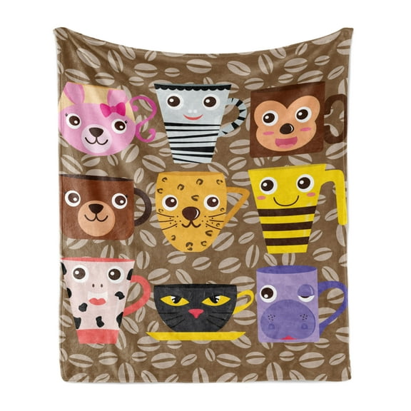 Cartoon Soft Flannel Fleece Throw Blanket, Childish Design of Animal Mugs, Cozy Plush for Indoor and Outdoor Use, 70" x 90", Multicolor, by Ambesonne