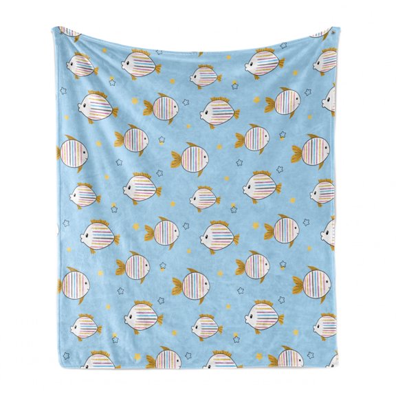 Cartoon Soft Flannel Fleece Throw Blanket, Childish Fishes Swimming Underwater Stars Pastel Colors Print, Cozy Plush for Indoor and Outdoor Use, 50" x 70", Sky Blue and Pale Coffee, by Ambesonne