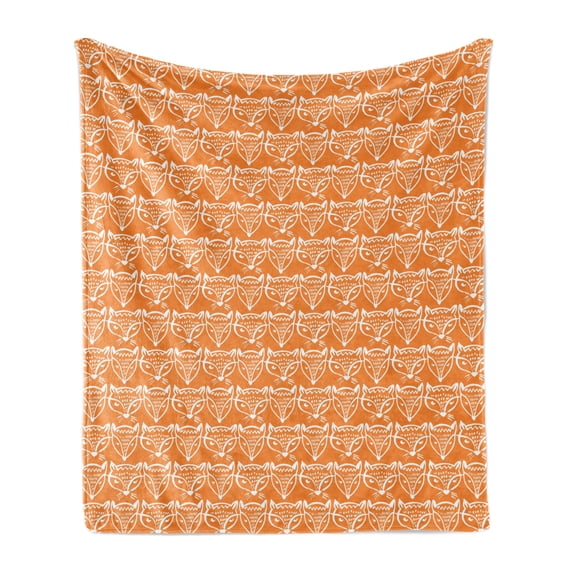 Cartoon Soft Flannel Fleece Throw Blanket, Childish Fox Faces Creative Forest Animal Portrait Kids Character Print, Cozy Plush for Indoor and Outdoor Use, 50" x 70", Dark Orange White, by Ambesonne