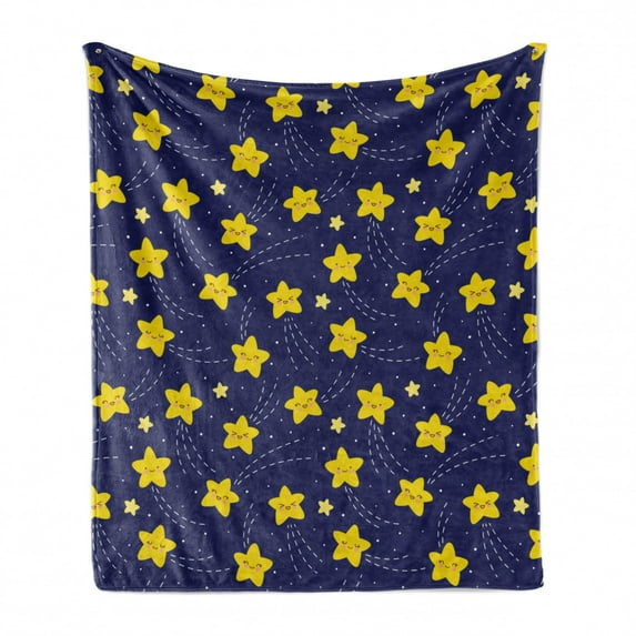 Cartoon Soft Flannel Fleece Throw Blanket, Childish Style Happy Sleeping Stars Sky Bedtime Night Comet Print, Cozy Plush for Indoor and Outdoor Use, 50" x 70", Indigo and Yellow, by Ambesonne