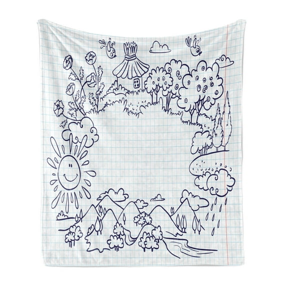 Cartoon Soft Flannel Fleece Throw Blanket, Childish Summer Frame with Flowers Mountains Trees and Smiling Sun, Cozy Plush for Indoor and Outdoor Use, 50" x 60", Pale Blue Dark Blue, by Ambesonne