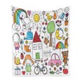 thumbnail image 1 of Cartoon Soft Flannel Fleece Throw Blanket, Childlike Doodle Drawing of House Girl and Boy Teddy Bear Various Other Things, Cozy Plush for Indoor and Outdoor Use, 50" x 60", Multicolor, by Ambesonne, 1 of 5