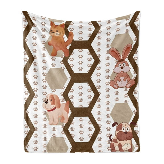 Cartoon Soft Flannel Fleece Throw Blanket, Children Animals Pattern of Cat Dog and Bunny with Paw Prints and Hexagons, Cozy Plush for Indoor and Outdoor Use, 50" x 70", Multicolor, by Ambesonne