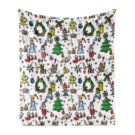 Cartoon Soft Flannel Fleece Throw Blanket, Christmas Concepts Drawn in Style Santa Snowman Children Presents Mistletoe, Cozy Plush for Indoor and Outdoor Use, 50" x 70", Multicolor, by Ambesonne