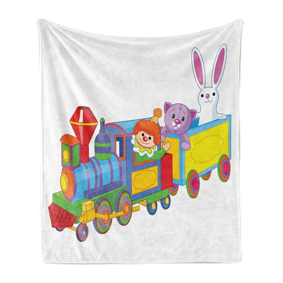 Cartoon Soft Flannel Fleece Throw Blanket, Clown Cat and Bunny Sitting in the Train Kids Toys Style Funny Cheerful, Cozy Plush for Indoor and Outdoor Use, 50" x 70", Multicolor, by Ambesonne
