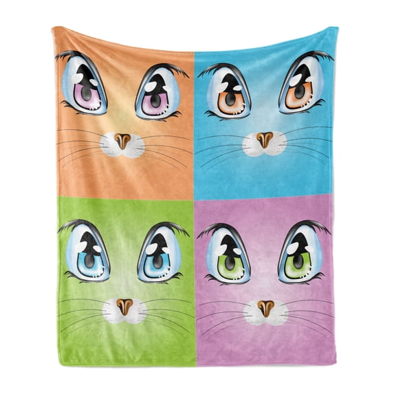 Cartoon Soft Flannel Fleece Throw Blanket, Colorful Big Cat Eye Images with Whiskers Loyal Life Companions Art, Cozy Plush for Indoor and Outdoor Use, 70" x 90", Orange Purple Green, by Ambesonne