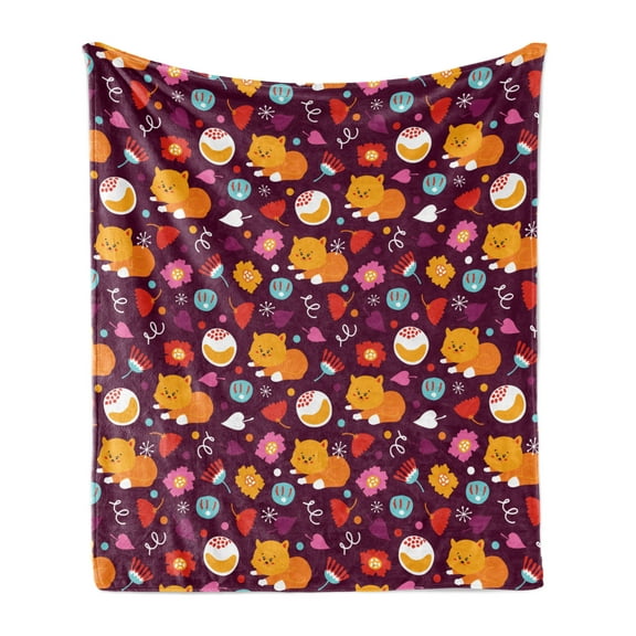 Cartoon Soft Flannel Fleece Throw Blanket, Colorful Foxes Flowers Forest Herbs Leaves Plants Childish, Cozy Plush for Indoor and Outdoor Use, 50" x 70", Maroon Marigold and Pink, by Ambesonne