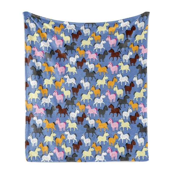 Cartoon Soft Flannel Fleece Throw Blanket, Colorful Funny Baby Horses Pony Zoo Childish Animals Unicorn Theme Art, Cozy Plush for Indoor and Outdoor Use, 50" x 60", Ceil Blue Multicolor, by Ambesonne