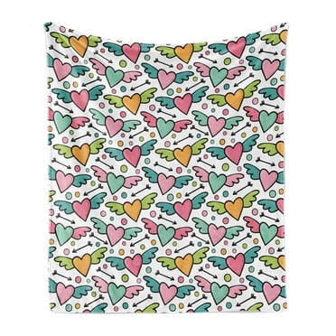 Cartoon Soft Flannel Fleece Throw Blanket, Colorful Hearts with Wings and Polka Dots, Cozy Plush for Indoor and Outdoor Use, 60" x 80", Multicolor, by Ambesonne