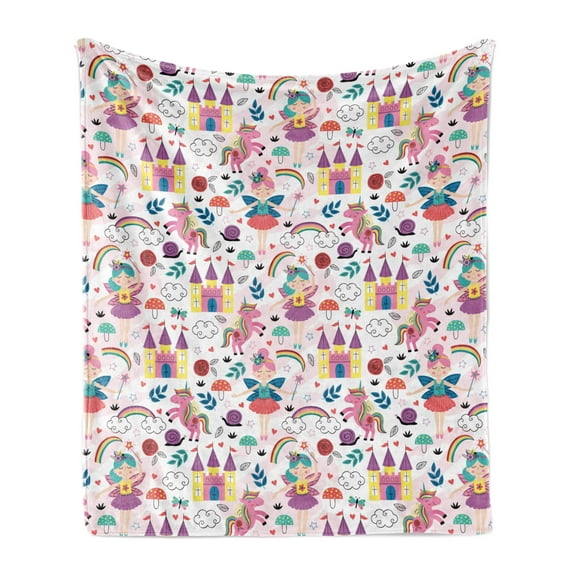 Cartoon Soft Flannel Fleece Throw Blanket, Colorful Illustration with Fairy Characters Unicorn Chateau on Plain Background, Cozy Plush for Indoor and Outdoor Use, 50" x 60", Multicolor, by Ambesonne