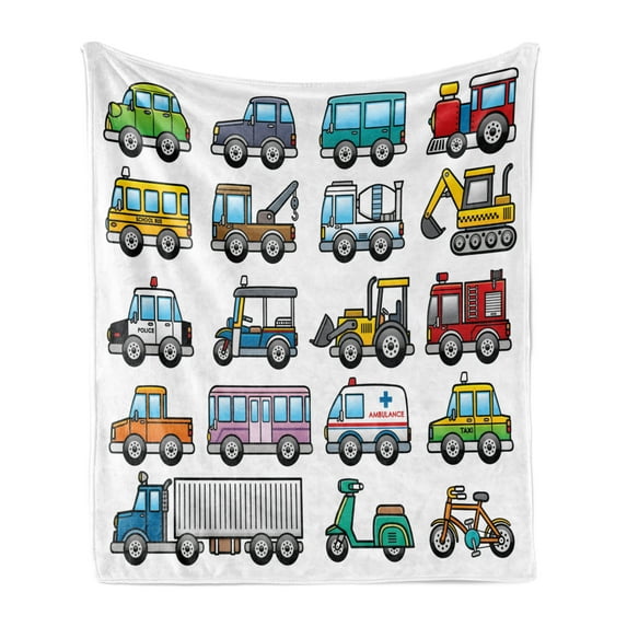 Cartoon Soft Flannel Fleece Throw Blanket, Colorful Landscape Transportation Displayed in 4 Lines All from Bicycle to Truck, Cozy Plush for Indoor and Outdoor Use, 60" x 80", Multicolor, by Ambesonne