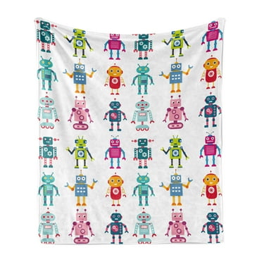 Cartoon Soft Flannel Fleece Throw Blanket, Colorful Style Robot Futuristic Funny Mascots Friendly Androids, Cozy Plush for Indoor and Outdoor Use, 70" x 90", Multicolor, by Ambesonne