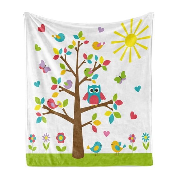 Cartoon Soft Flannel Fleece Throw Blanket, Colorful Tree with Owl and Birds Sunny Summer Day in the Park Theme, Cozy Plush for Indoor and Outdoor Use, 50" x 70", Multicolor, by Ambesonne
