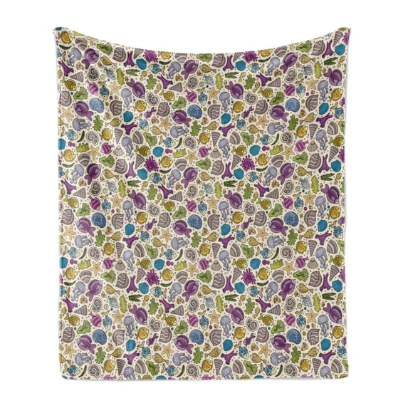 Cartoon Soft Flannel Fleece Throw Blanket, Colorful Undersea Ocean Creatures Shells Fish Tube Moss Hand Drawn Circles Image, Cozy Plush for Indoor and Outdoor Use, 60" x 80", Multicolor, by Ambesonne
