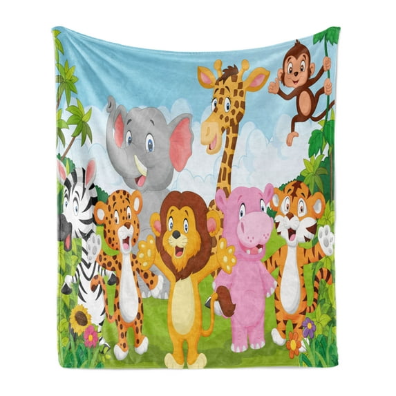 Cartoon Soft Flannel Fleece Throw Blanket, Comic Savannah Animals Playful Friendly Safari Jungle Happy Wildlife Nature, Cozy Plush for Indoor and Outdoor Use, 70" x 90", Multicolor, by Ambesonne