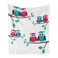 thumbnail image 1 of Cartoon Soft Flannel Fleece Throw Blanket, Couples of Owls Sitting on Spring Branches Funny Characters, Cozy Plush for Indoor and Outdoor Use, 50" x 70", Turquoise Blue Pink, by Ambesonne, 1 of 6