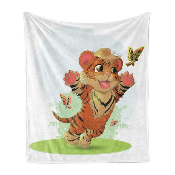 Cartoon Soft Flannel Fleece Throw Blanket, Cub Playing with Butterflies in the Meadow Joyful Lively Baby Tiger Cat, Cozy Plush for Indoor and Outdoor Use, 50" x 70", Orange Cream Green, by Ambesonne