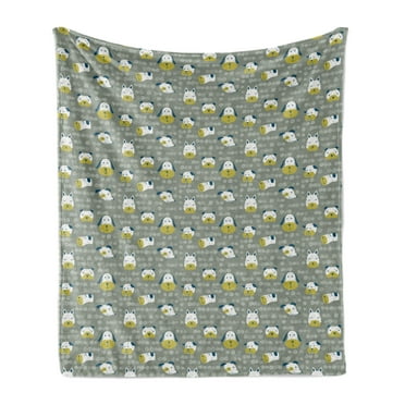 Cartoon Soft Flannel Fleece Throw Blanket, Doodle Style House Pet Portraits with Spirals Background, Cozy Plush for Indoor and Outdoor Use, 50" x 70", Sage Green Blue, by Ambesonne
