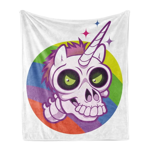 Cartoon Soft Flannel Fleece Throw Blanket, Doodle Style Unicorn Skull with Green Eyes with Rainbow Background Funny, Cozy Plush for Indoor and Outdoor Use, 70" x 90", Multicolor, by Ambesonne