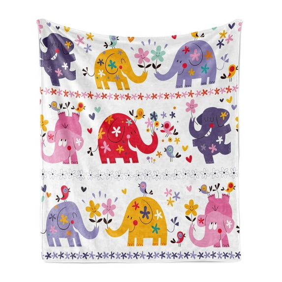 Cartoon Soft Flannel Fleece Throw Blanket, Elephants Happy Dancing Animals in Various Color Combinations Birds Flowers, Cozy Plush for Indoor and Outdoor Use, 50" x 70", Multicolor, by Ambesonne