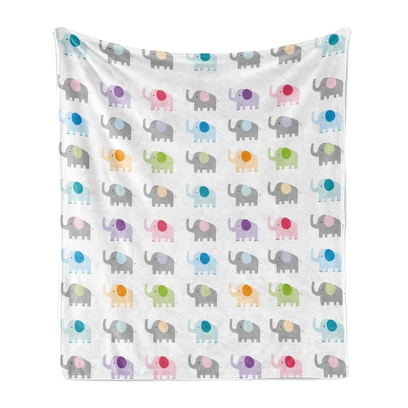 Cartoon Soft Flannel Fleece Throw Blanket, Elephants in Various Color Combinations Animal Fun Children Friendly Design, Cozy Plush for Indoor and Outdoor Use, 60" x 80", Multicolor, by Ambesonne