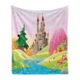 thumbnail image 1 of Cartoon Soft Flannel Fleece Throw Blanket, Fairytale Themed ish Graphic with Castle in Dreamy Forest River Mushrooms, Cozy Plush for Indoor and Outdoor Use, 60" x 80", Pink Green, by Ambesonne, 1 of 5