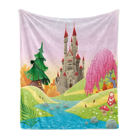 Cartoon Soft Flannel Fleece Throw Blanket, Fairytale Themed ish Graphic with Castle in Dreamy Forest River Mushrooms, Cozy Plush for Indoor and Outdoor Use, 60" x 80", Pink Green, by Ambesonne