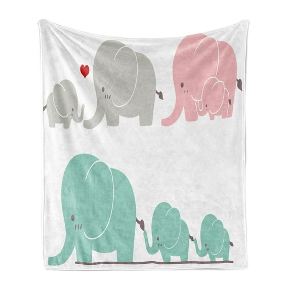 Cartoon Soft Flannel Fleece Throw Blanket, Family Love Theme Elephants Mother's Day Theme Baby Children, Cozy Plush for Indoor and Outdoor Use, 50" x 60", Seafoam Pale Pink Grey, by Ambesonne